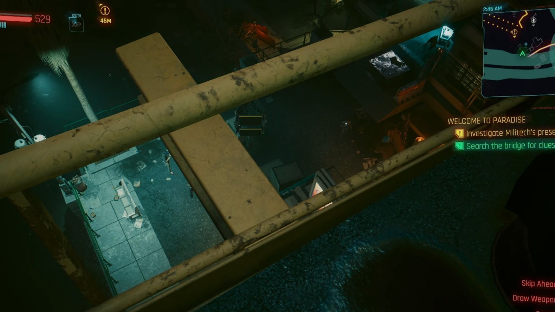 If you look down from the bridge, you'll spot Militech (Image via CDPR || Sportskeeda)