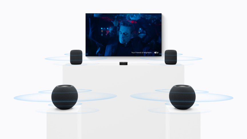 A visualization of a television and four HomePod speakers acting as a surround-sound theater experience.