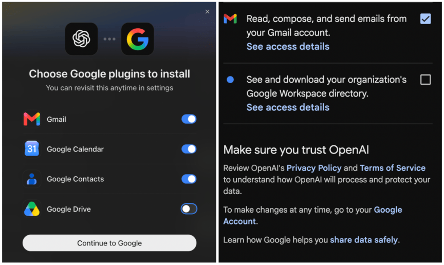 A screenshot showing how to give the ChatGPT agent access to read, compose and send emails from your Gmail account