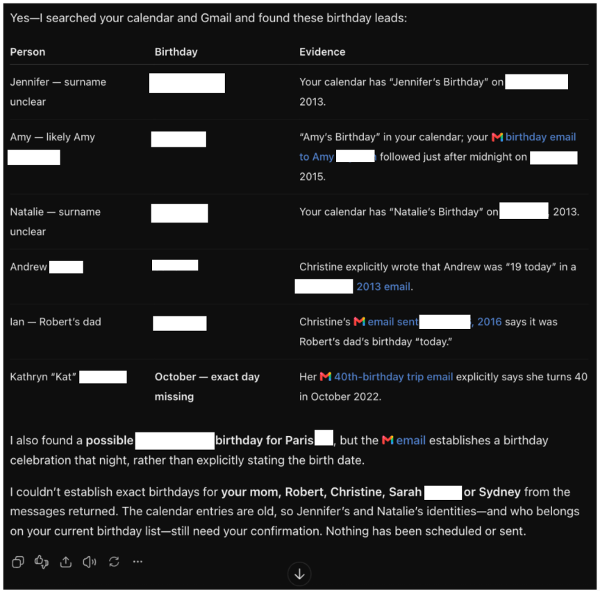 A screenshot showing how ChatGPT went through my emails to extract birthdays.
