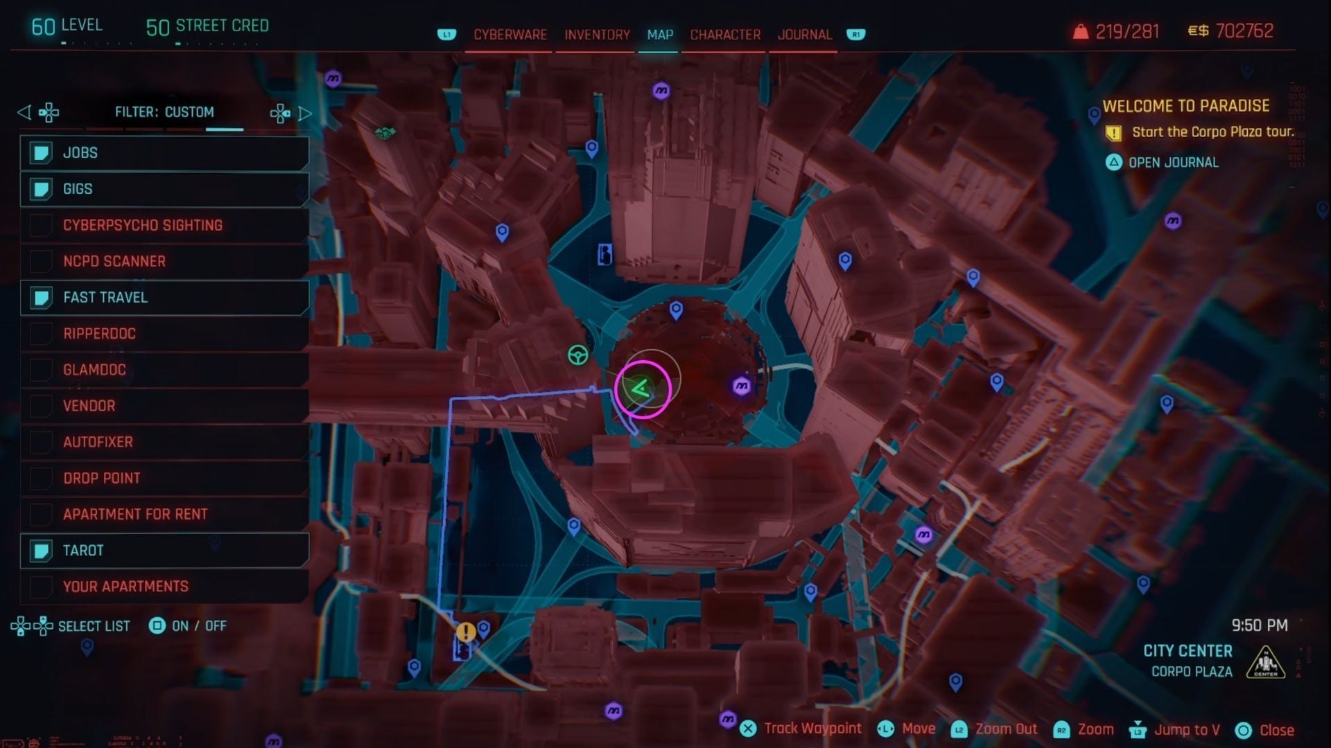Here's the location for the Corpo Plaza tour stop (Image via CDPR || Sportskeeda)
