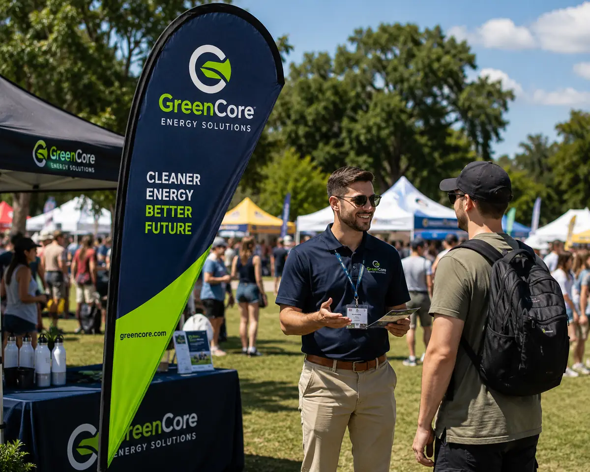 Green and navy feather flag beside a pop-up tent booth at an outdoor festival