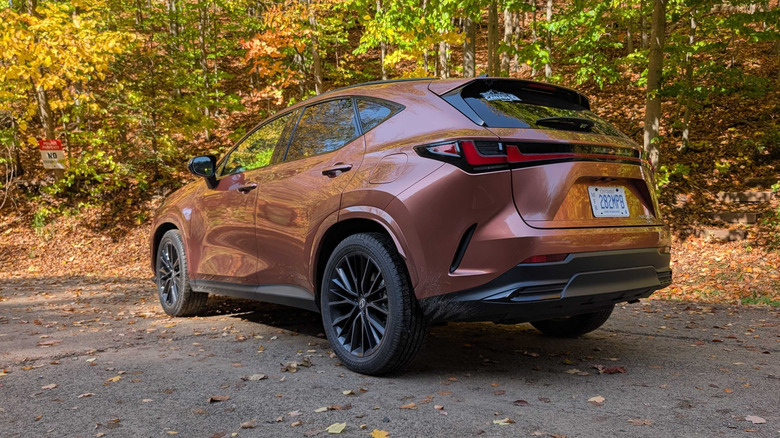 Rear 3/4 view of a 2027 Lexus NX parked in front of some fall trees