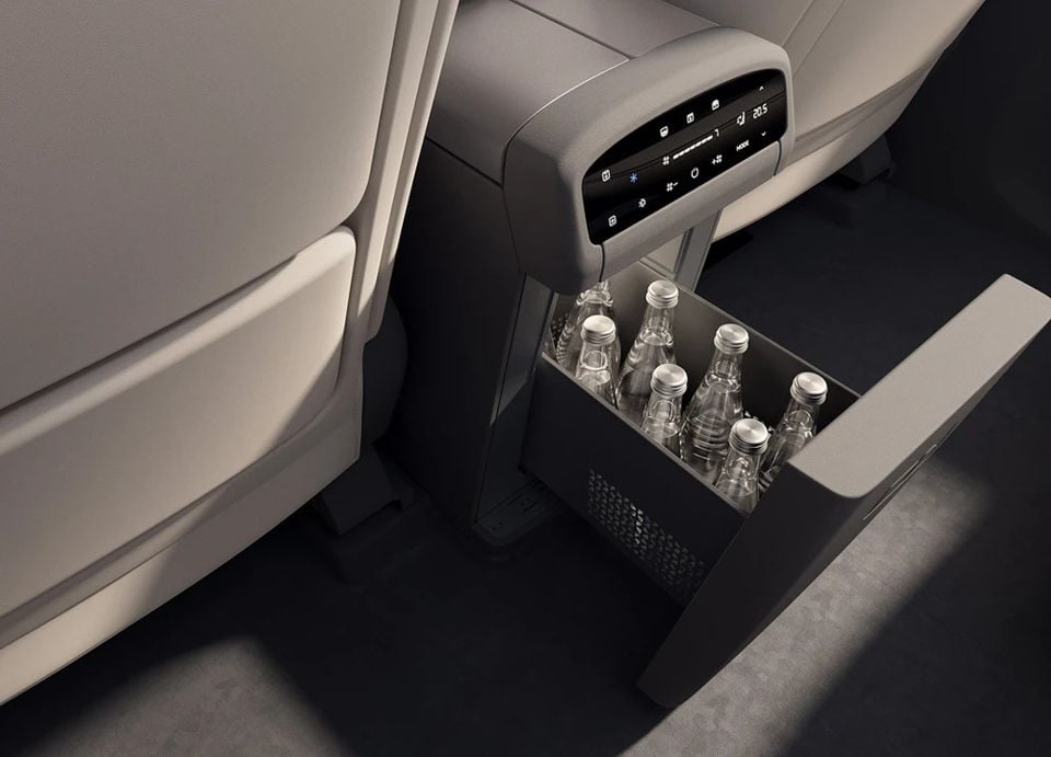Open rear-access refrigerator drawer in the Freelander 8; Chinese-market model shown.