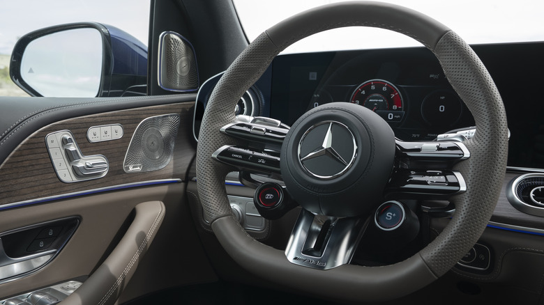 A close-up of the steering wheel and driver's door in the brown interior of my GLS63 press car