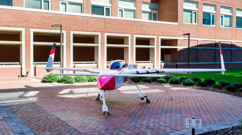 The Rutan Long‑EZ airplane on the Centennial Campus at North Carolina State University.