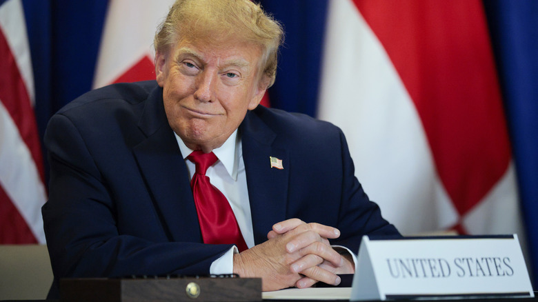 Donald Trump sitting at a table with his hands folded, looking smug